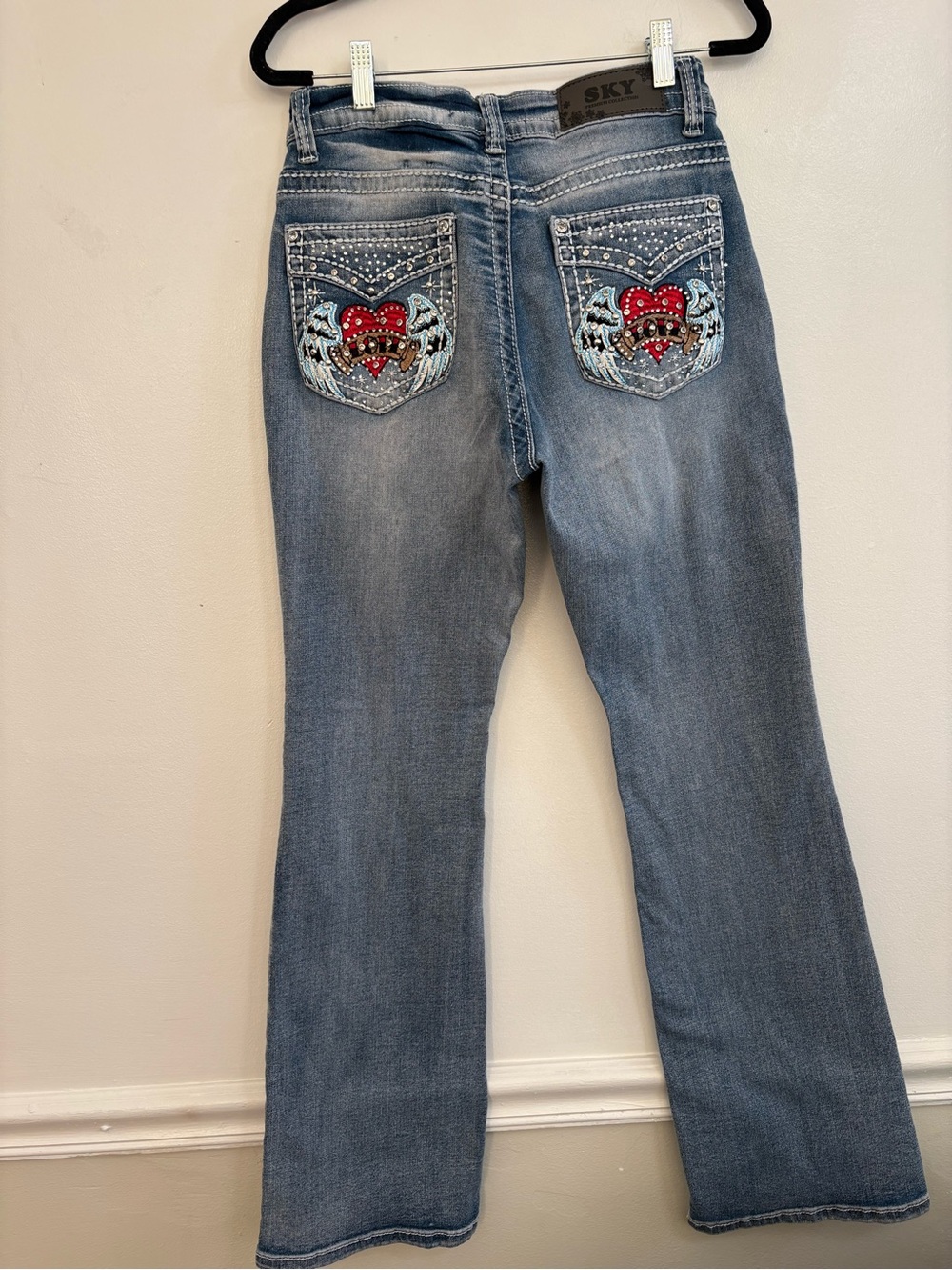 Sky Women's Light Blue Bootcut Jeans with Red Heart & Wing Embroidery - Picture 4 of 6